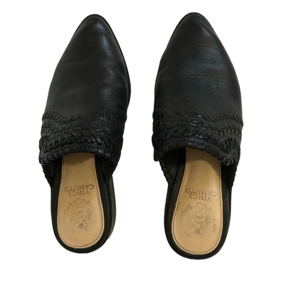 Vince Camuto Sona Western Pointy Toe Black Leather Mules Braid Trim Size 6 - Picture 3 of 5